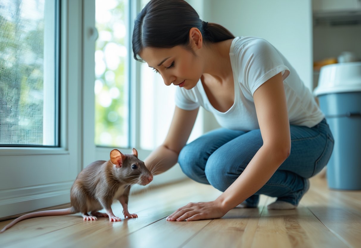 A woman inspecting her forearm for scratches while a brown rat sits on the floor nearby in a clean home setting.
