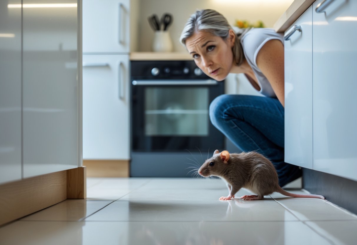 An adult person looking cautiously at a small rat near the baseboard in a modern kitchen.