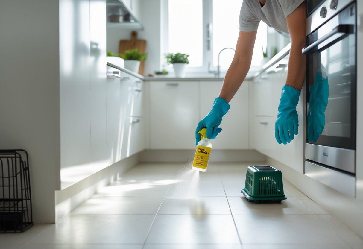 A person spraying natural repellent near the baseboards in a clean kitchen with a small rat trap in the corner.