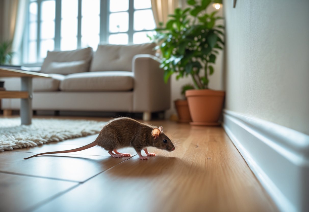 A small brown rat cautiously exploring a clean living room near a wall with daylight coming through the windows.