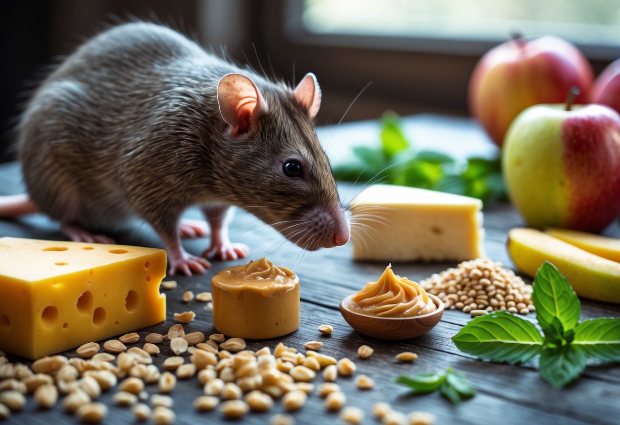 A rat sniffing near cheese, peanut butter, fruits, grains, and herbs on a wooden surface.