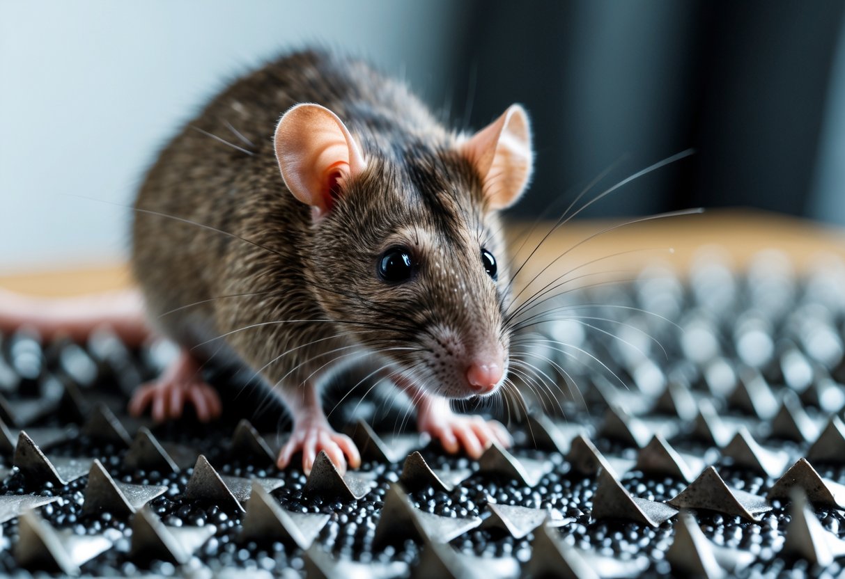 A rat hesitating to walk on a spiky surface, standing at the edge of the area.