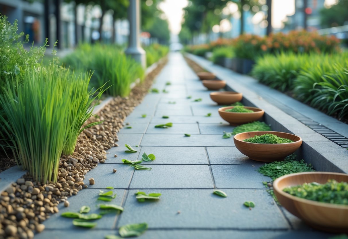 A clean walking path bordered by grass and plants with natural scent deterrents like peppermint leaves and essential oil bowls placed along the edges.