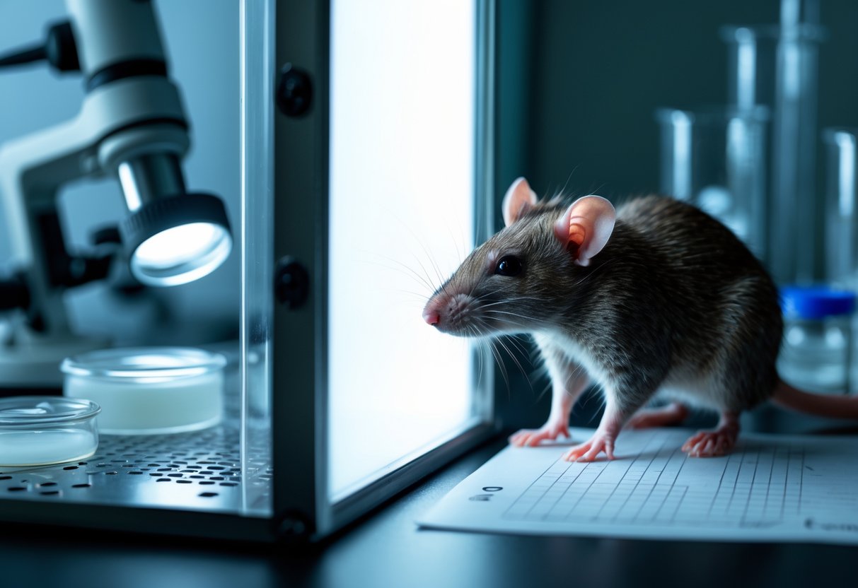 A rat inside a divided enclosure hesitating near the boundary between a brightly lit area and a dark area in a laboratory setting.