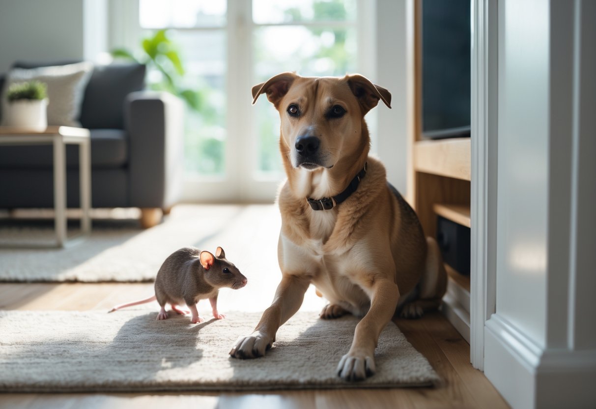 A dog sitting calmly in a living room while a small rat peeks out from a corner inside the house.