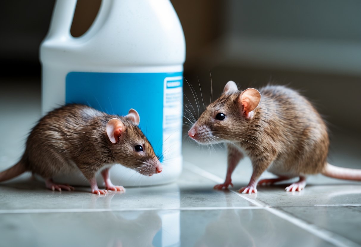 A brown rat cautiously sniffing near a white bleach bottle on a tiled floor.