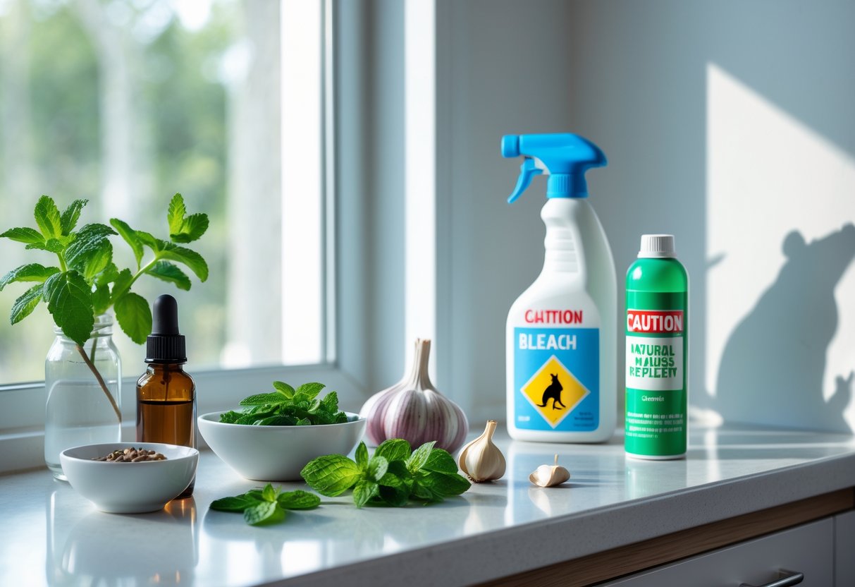 A kitchen countertop with natural rat repellents like peppermint oil, mint leaves, garlic, and a bottle of bleach, with a faint rat silhouette near the baseboard.