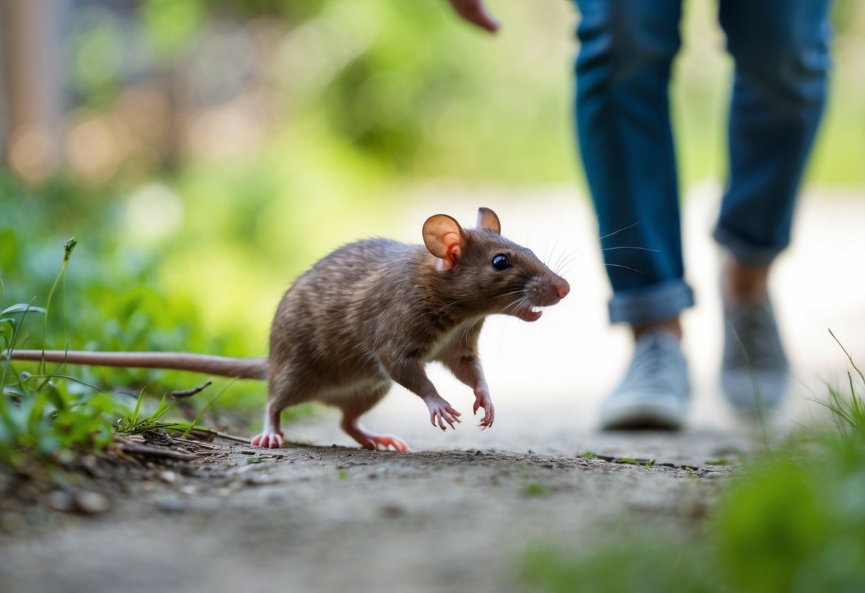 A small brown rat running away from a person in an outdoor garden setting.
