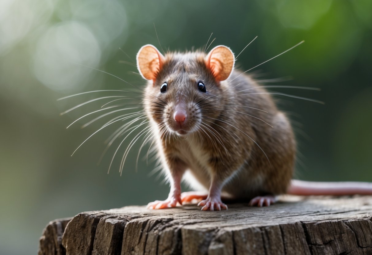 A small brown rat sitting still on a wooden surface with blurred green plants in the background.