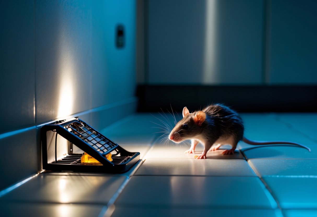 A nighttime kitchen scene with a rat trap on the floor and a rat cautiously nearby.