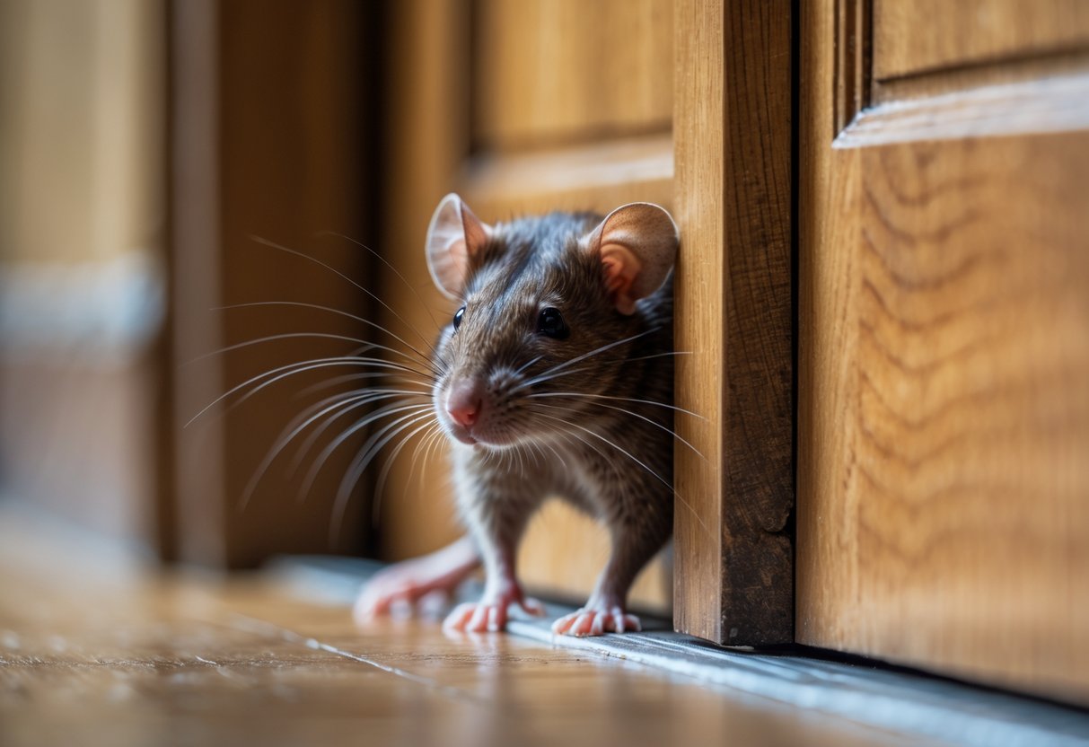 A small brown rat peeking under a slightly open wooden door on a hardwood floor.