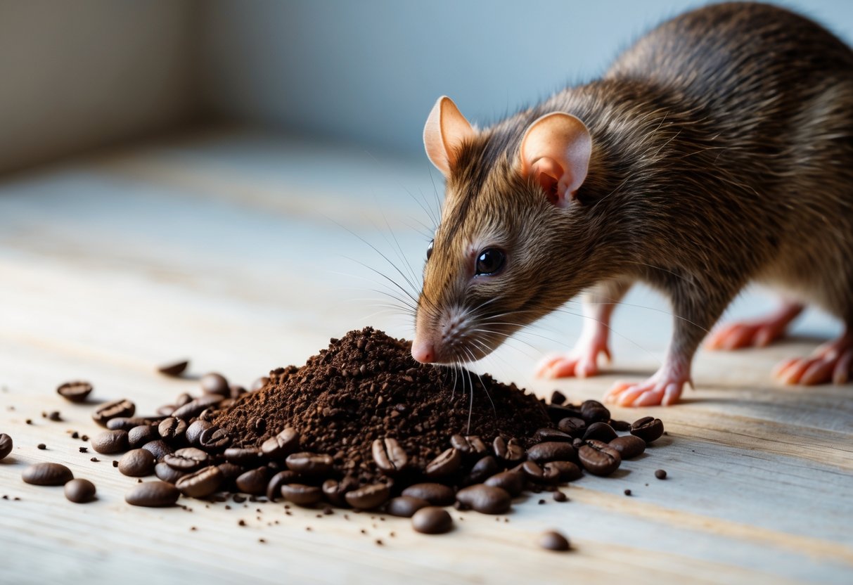 A brown rat cautiously sniffing a small pile of coffee grounds on a wooden surface.