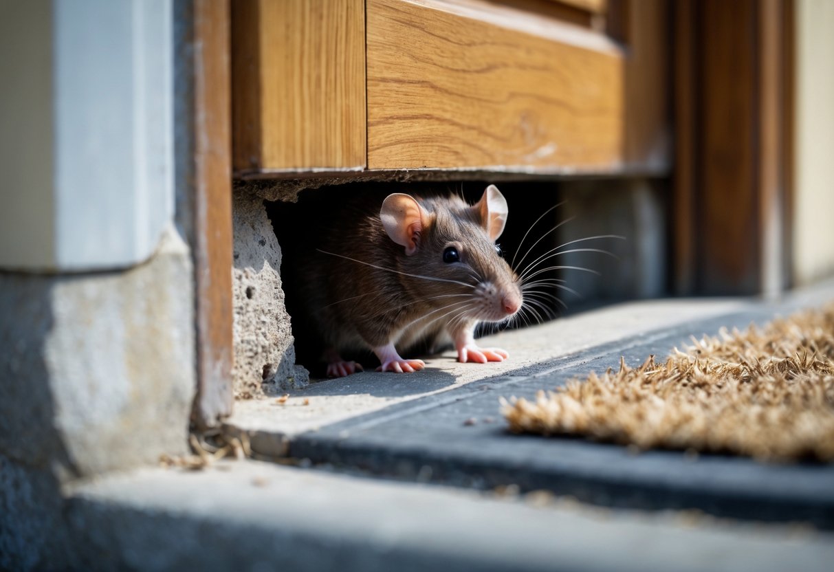 A brown rat peeking through a small gap under a wooden door at a house entrance.