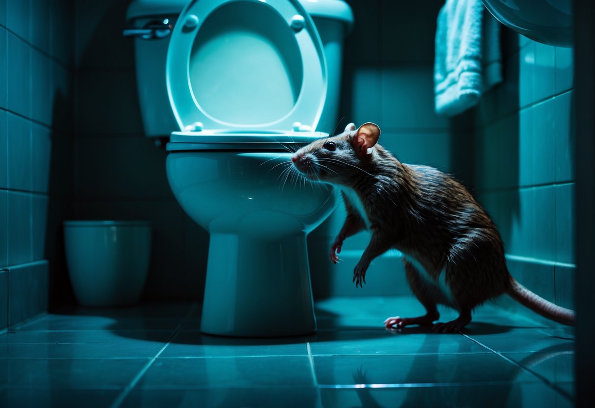 A brown rat climbing out of a white toilet in a dimly lit bathroom at night.
