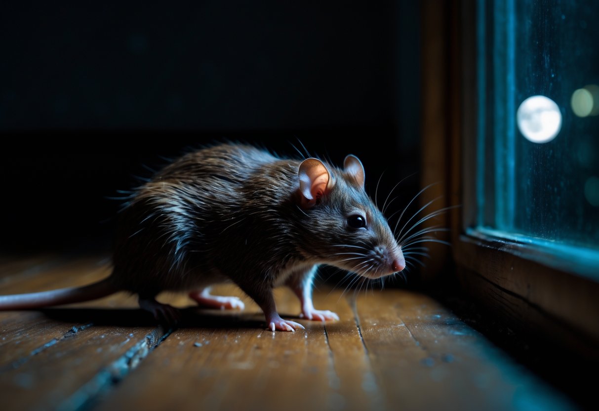 A small brown rat exploring a dimly lit indoor corner at night.