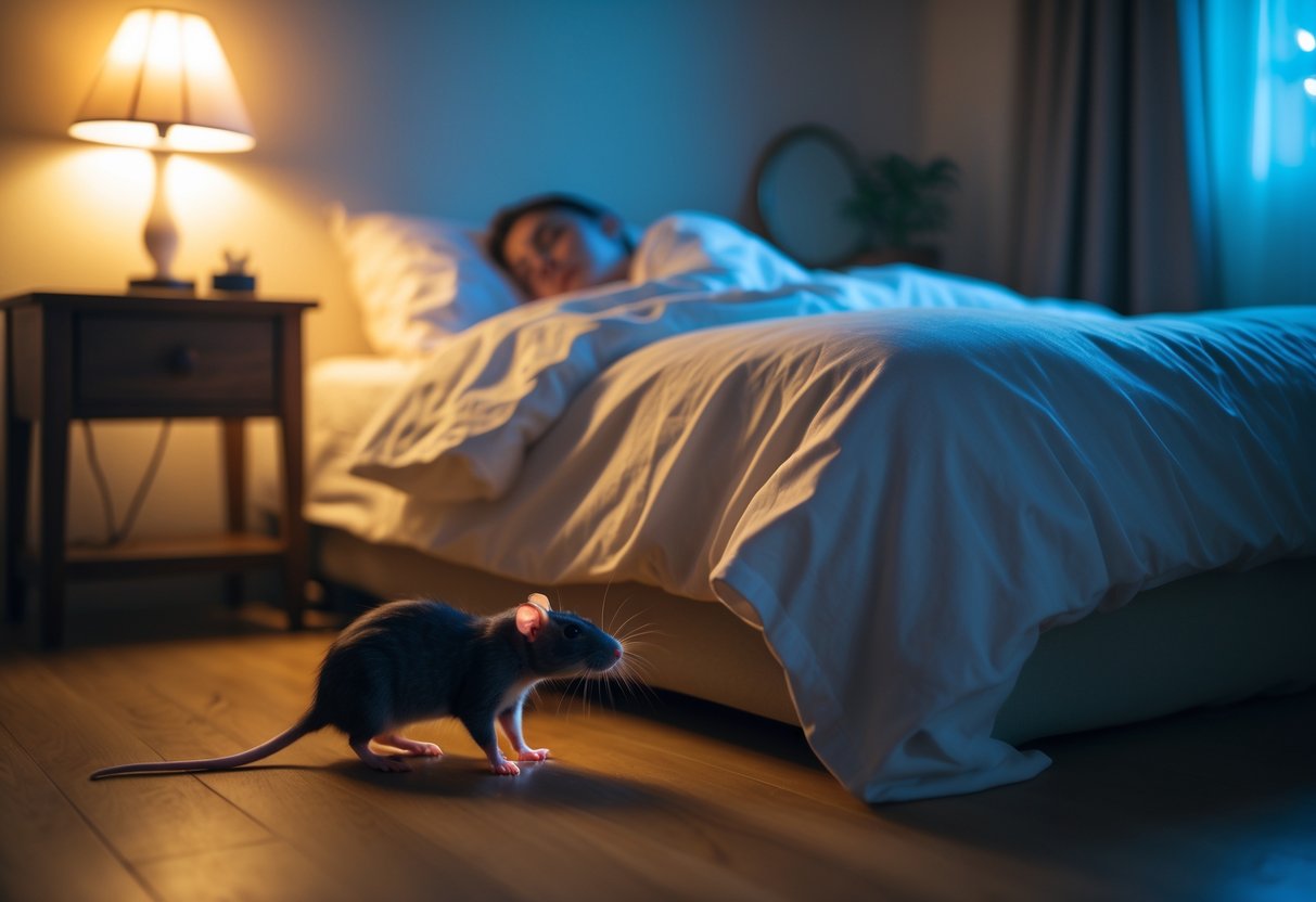 A person sleeping in bed with a small rat cautiously approaching on the floor nearby.