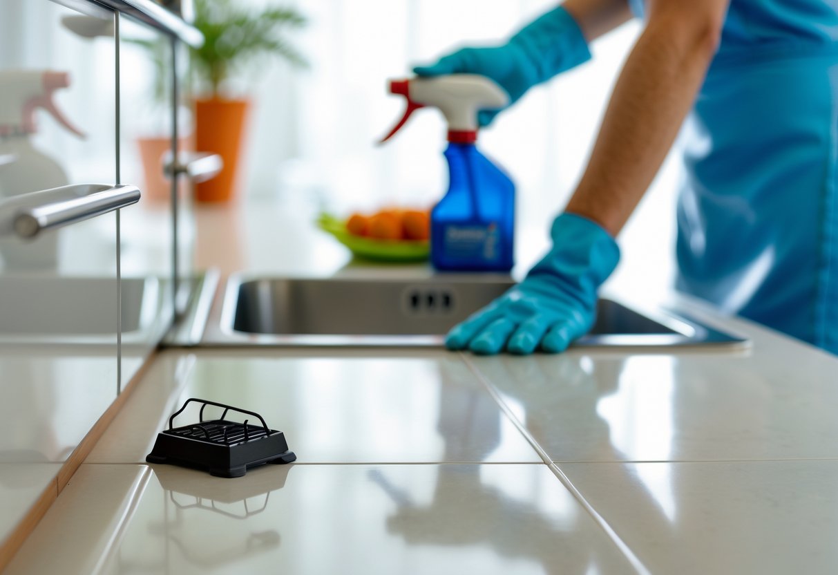 A clean kitchen with a rat trap near the cabinets and a person cleaning the area wearing gloves.