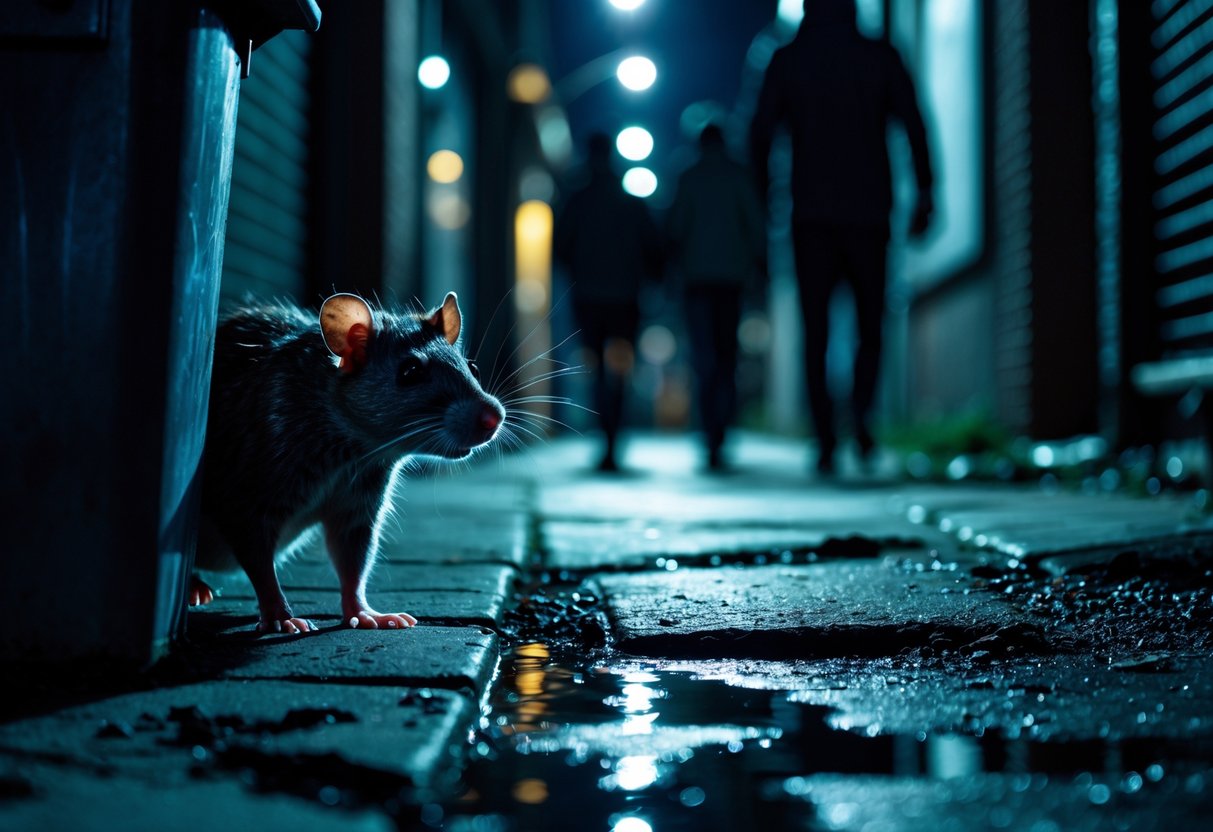 A rat cautiously peeks out from behind a trash can in a dimly lit urban alley at night while blurred human figures walk nearby.