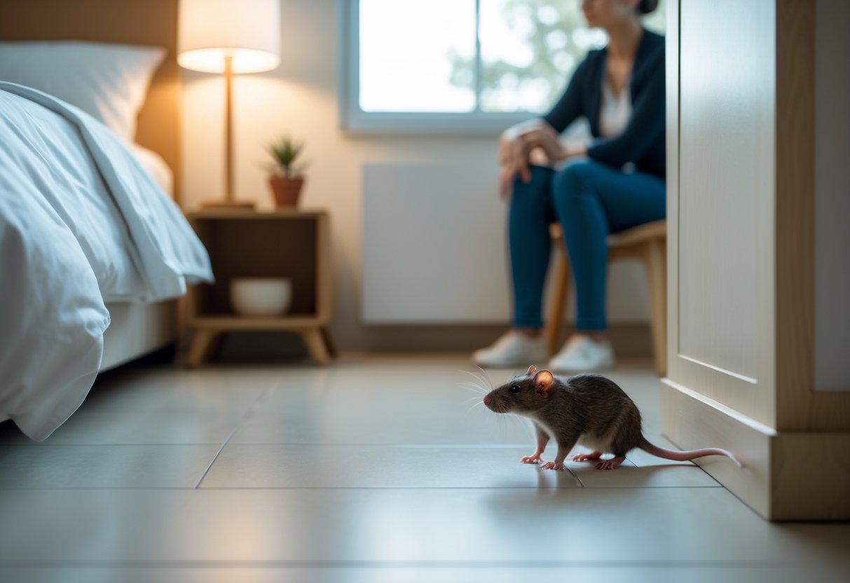 A person calmly watching a small rat in the corner of a clean bedroom with natural daylight coming through a window.