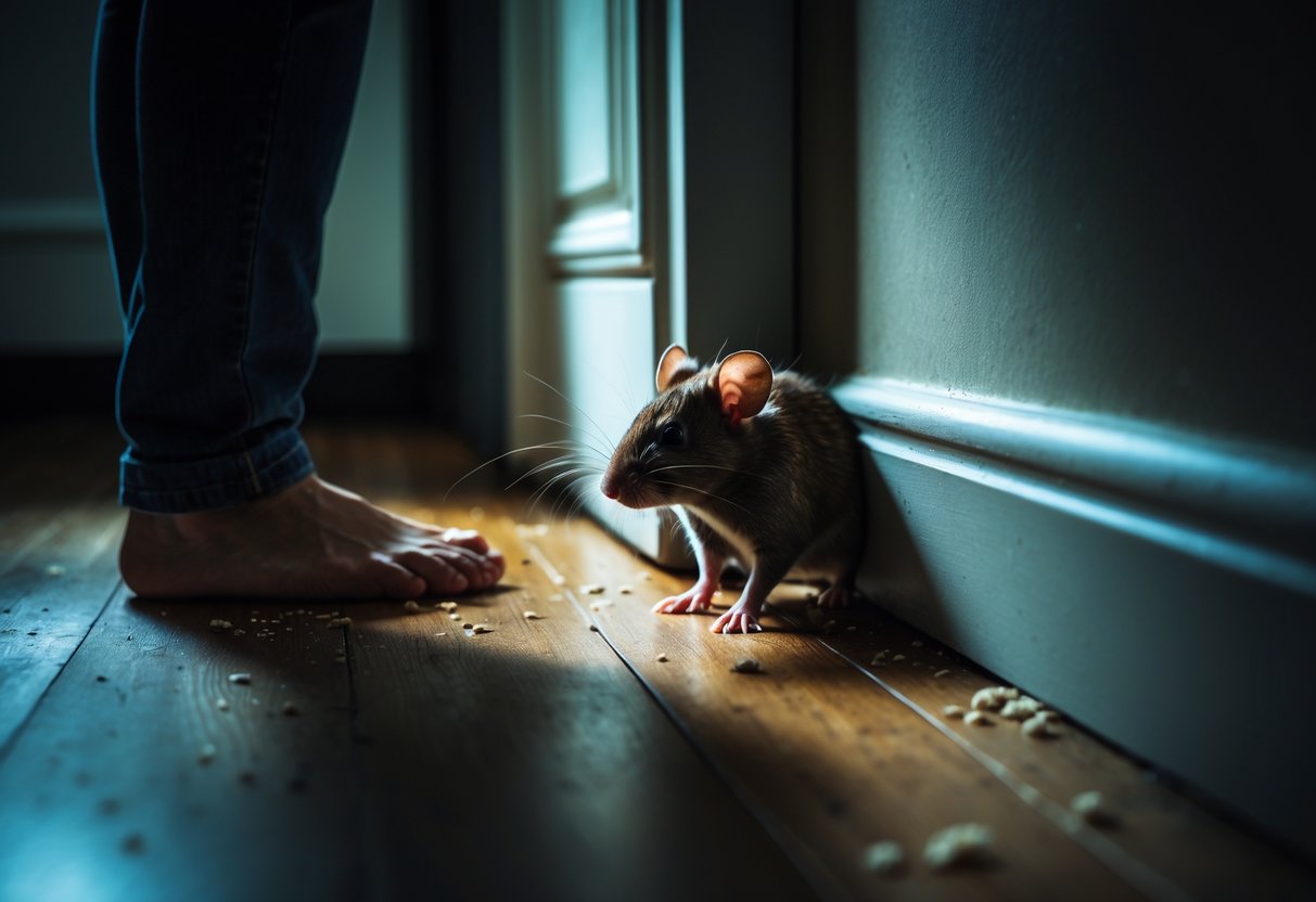 A small brown rat peeking out from a shadowy corner near a person's feet on a wooden floor.