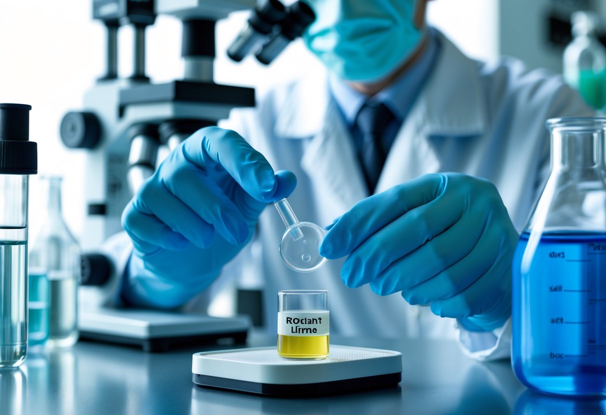 Scientist in a lab coat examining a petri dish with a sample in a laboratory environment.