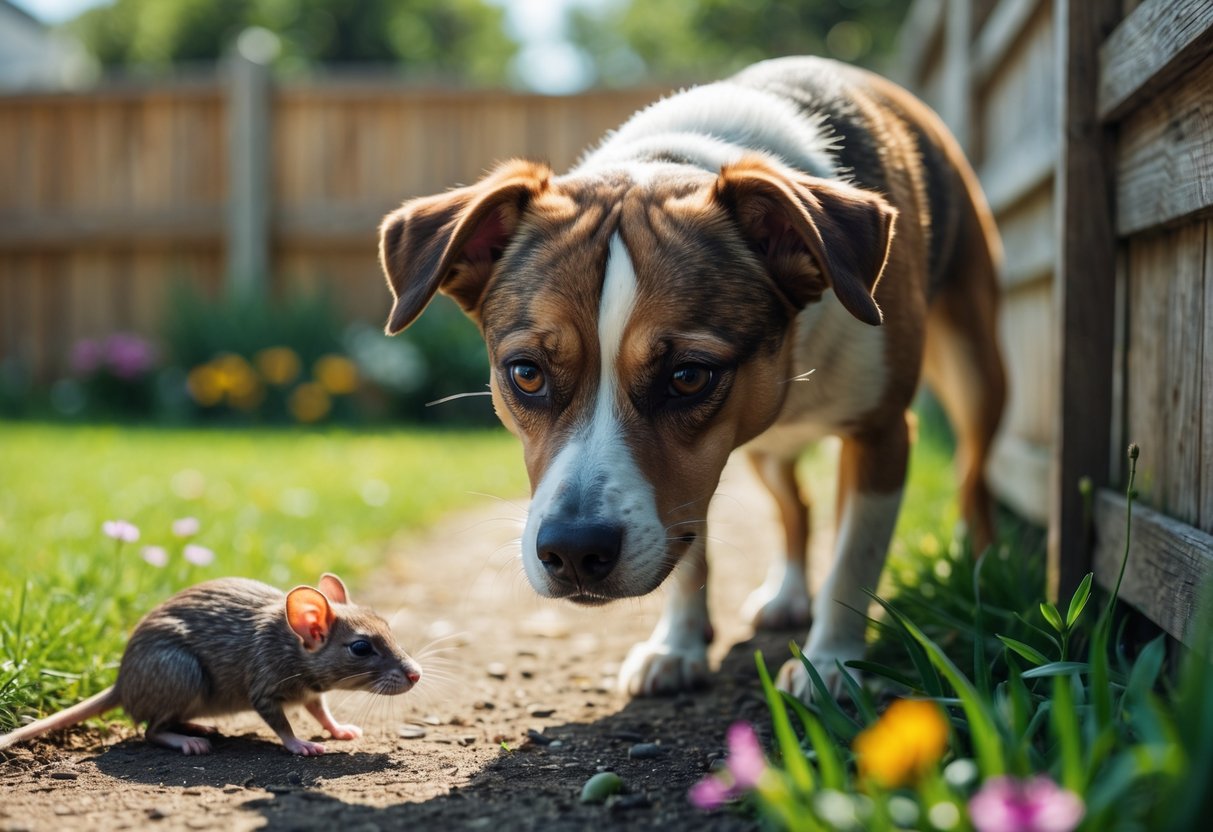 A brown and white dog sniffing near a wooden fence where a small rat is partially visible among plants in a sunny backyard.
