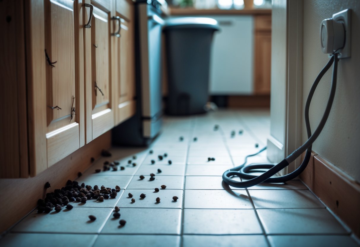 A kitchen corner showing gnaw marks on cabinets, rat droppings on the floor, and a chewed electrical wire near an outlet.