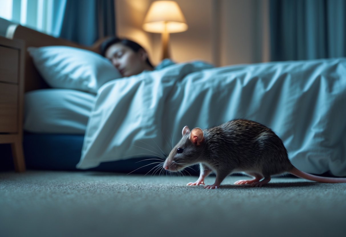 A person sleeping in bed with a small rat nearby on the floor in a softly lit bedroom.