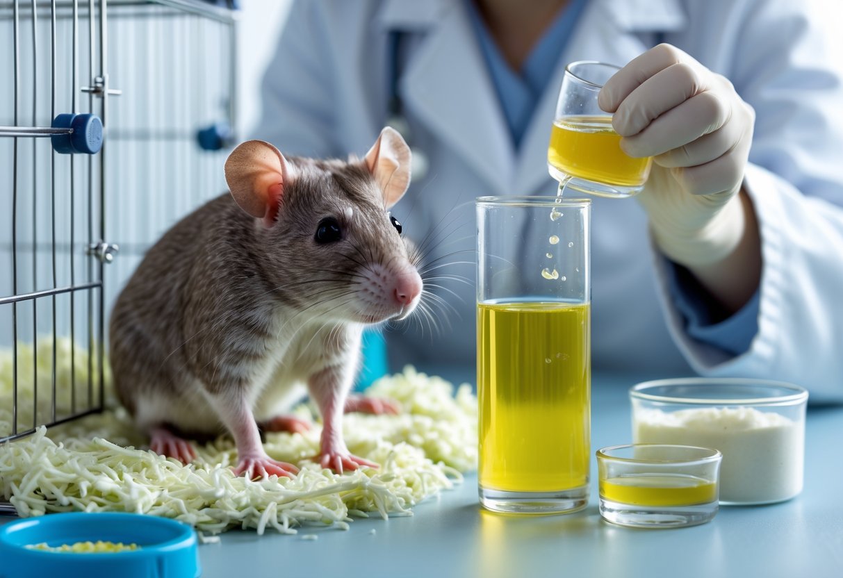A pet rat in a clean cage with a person in a lab coat examining a container of yellow liquid nearby.