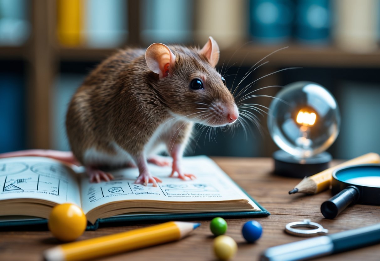 A brown rat sitting on a wooden table next to an open book with scientific diagrams, surrounded by small objects like a light bulb model and magnifying glass.