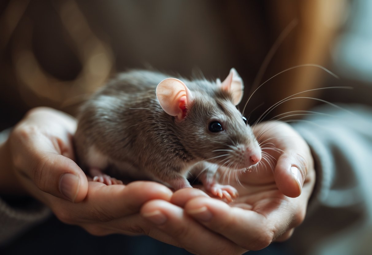 A person gently holding a calm pet rat in their hands, showing a close bond between them.