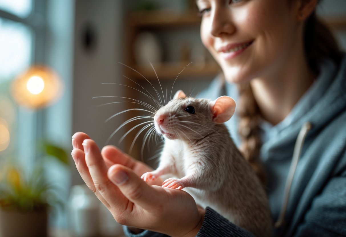 A person gently holding a calm pet rat indoors, showing a moment of bonding and trust between them.