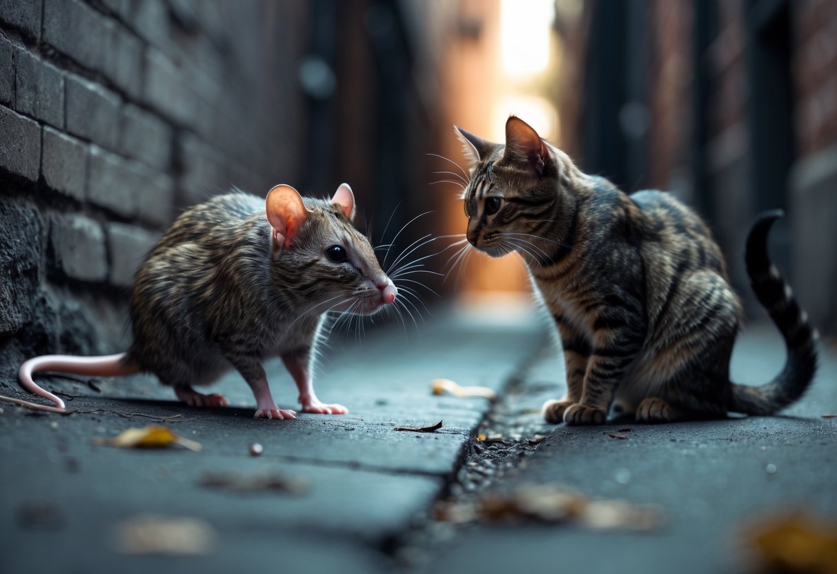 A rat and a cat face each other in an urban alley, with the cat crouched and the rat alert.