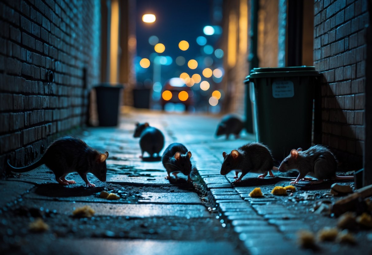 Several rats foraging and exploring in a dimly lit urban alley at night near trash bins and brick walls.