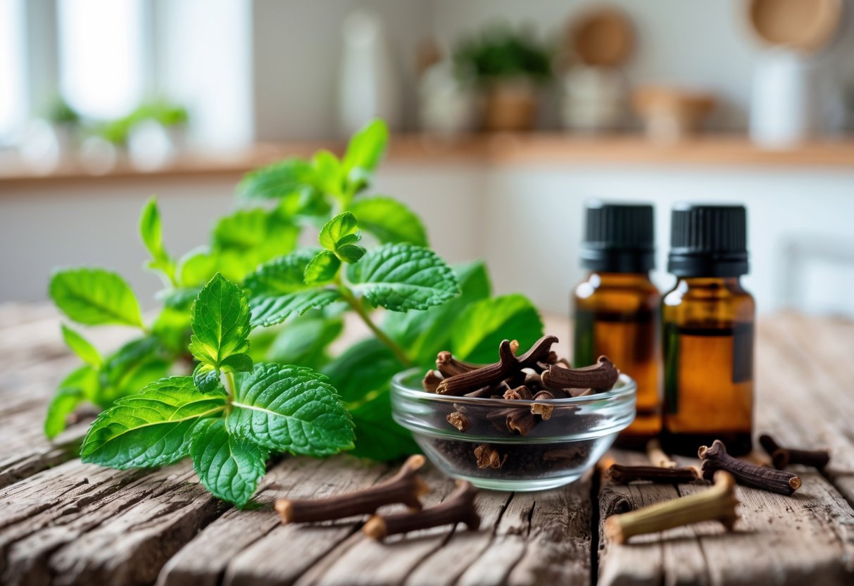 Close-up of peppermint leaves, cloves, and a bowl of essential oils on a wooden surface with a blurred kitchen background.
