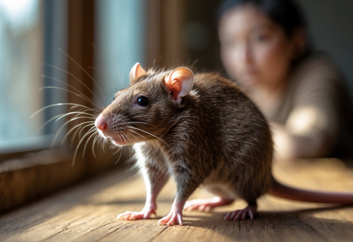 A brown rat standing on its hind legs on a wooden surface looking toward a blurred human figure in the background.