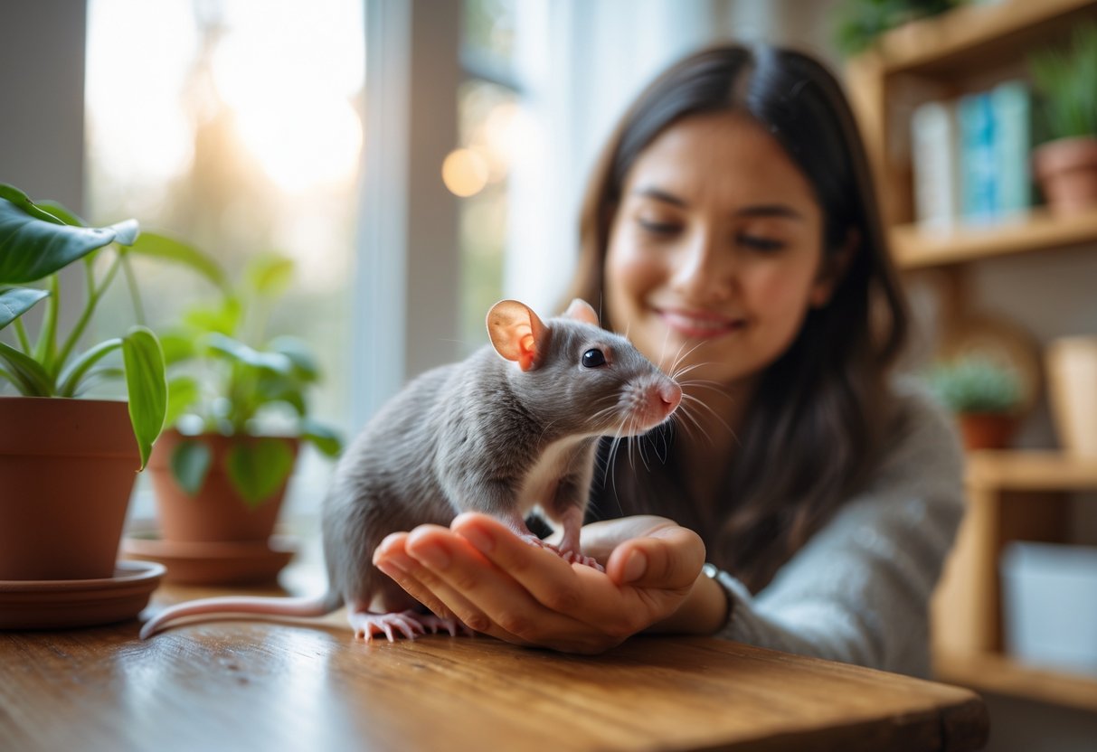 A person holding a rat on their hand, both looking at each other in a cozy indoor setting.