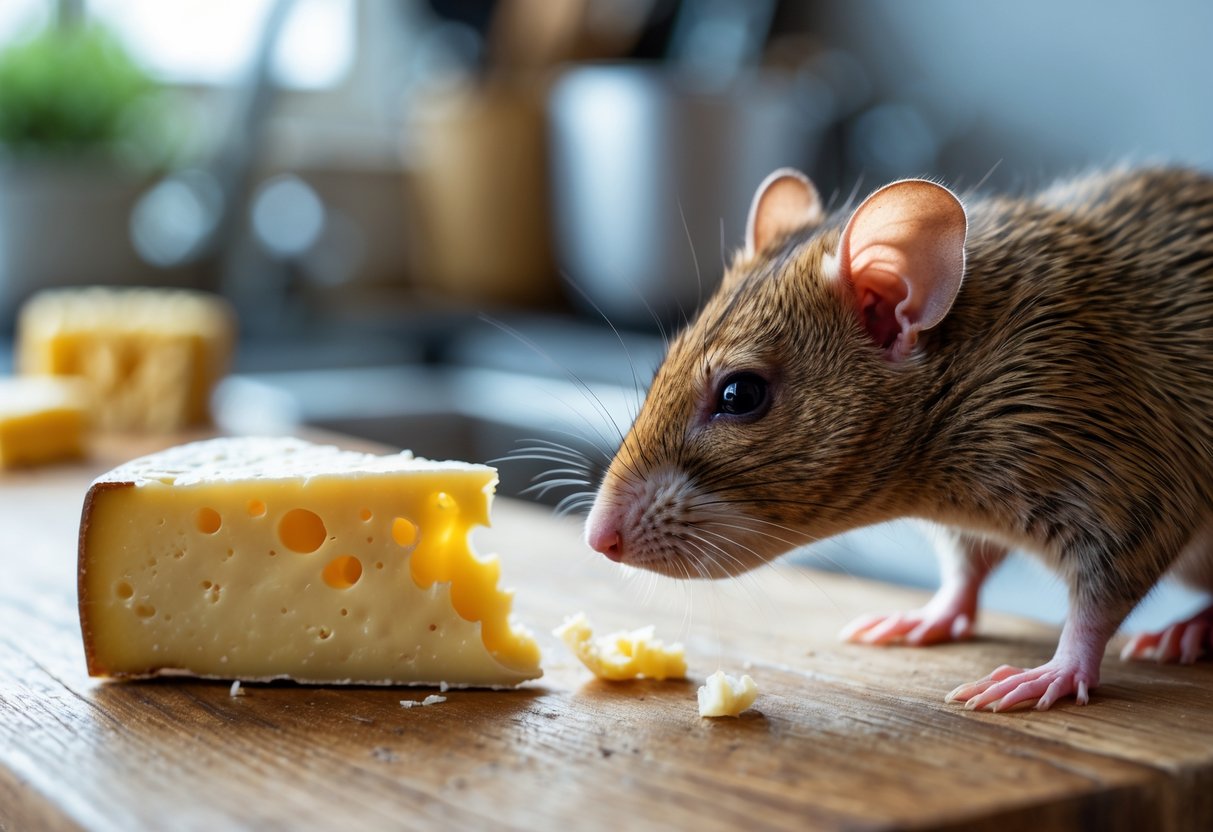 A small brown rat sniffing a piece of cheese on a wooden surface in a kitchen setting.