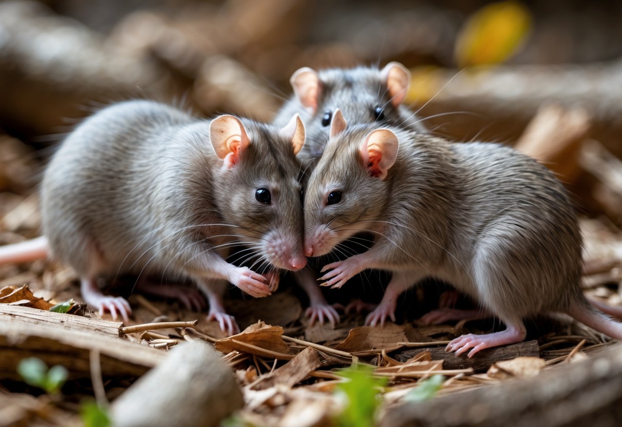 A group of rats grooming and huddling together on natural bedding.