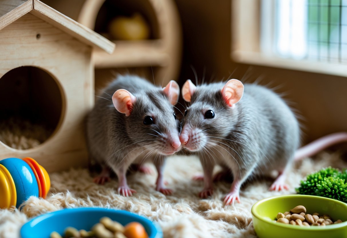 Two rats interacting closely inside a spacious, clean cage with toys and bedding.