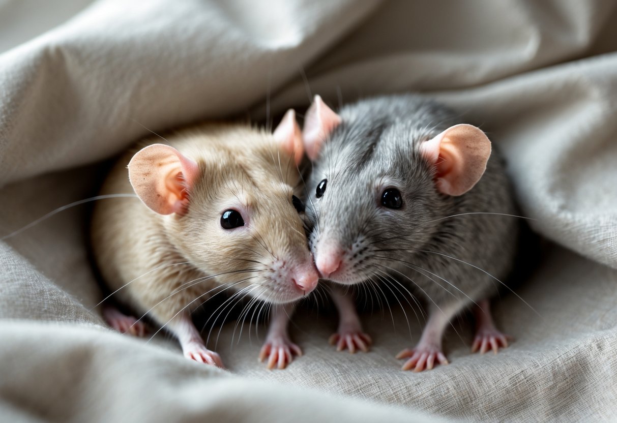 Two rats cuddling closely together on a soft surface.