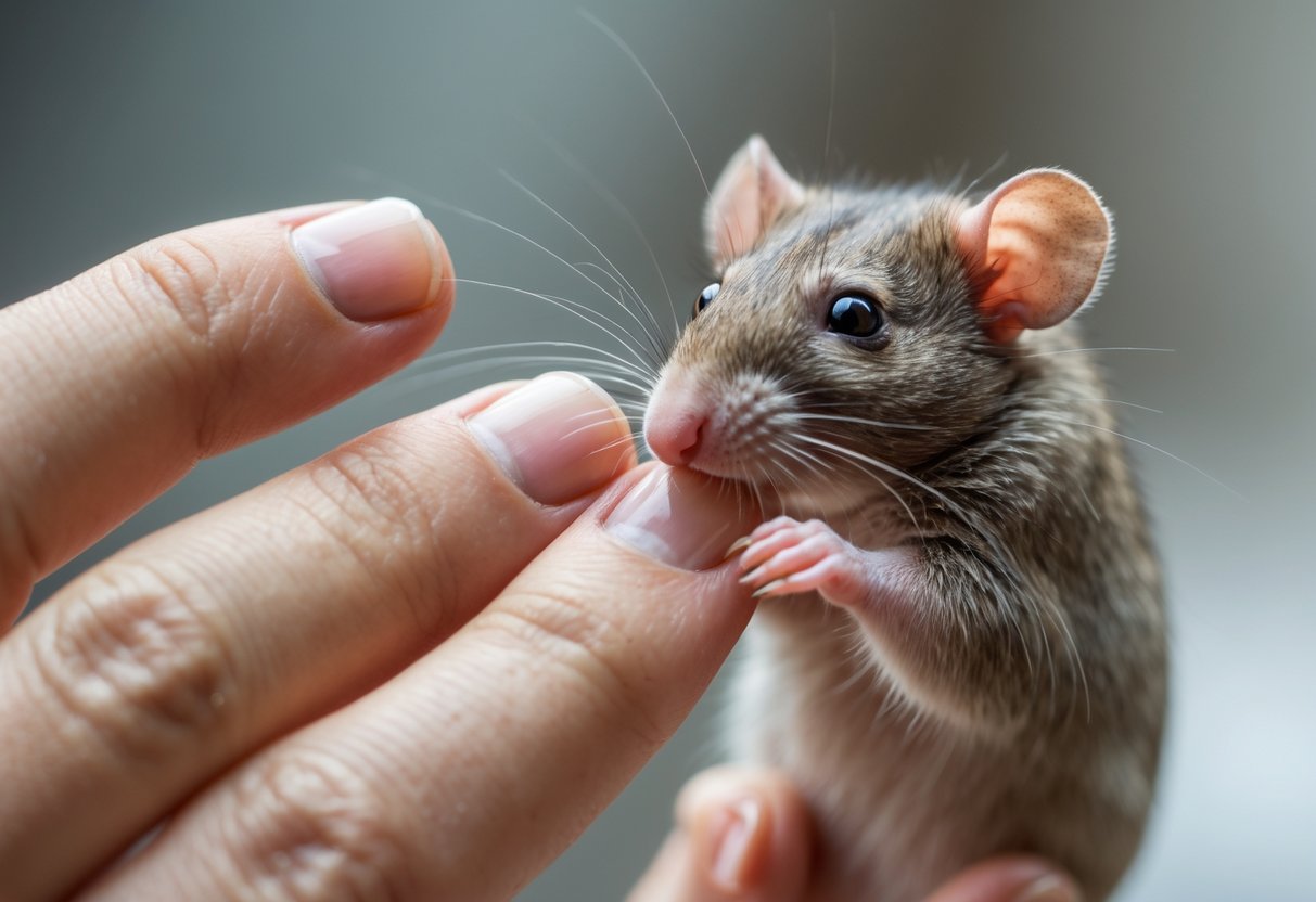 A person's hand reacting as a small rat gently nibbles on their fingertip.