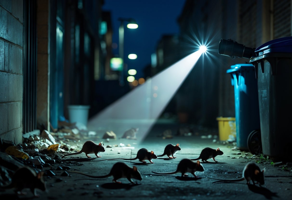 Rats running away from a flashlight beam in a dimly lit urban alley at night.