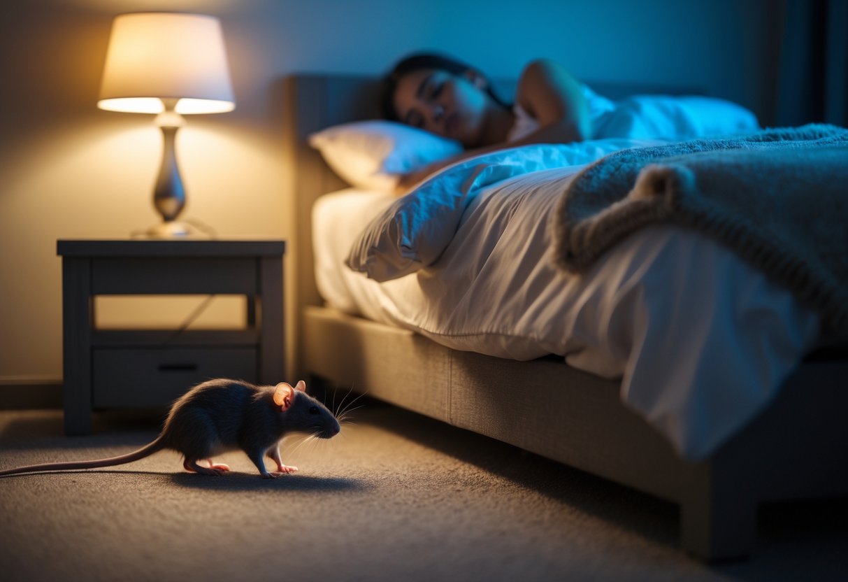 A person sleeping in bed at night with a small rat approaching nearby on the floor.