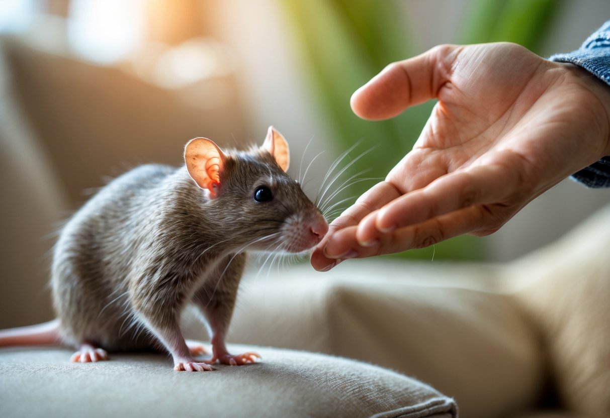 A rat gently approaching a human hand in a calm indoor setting.