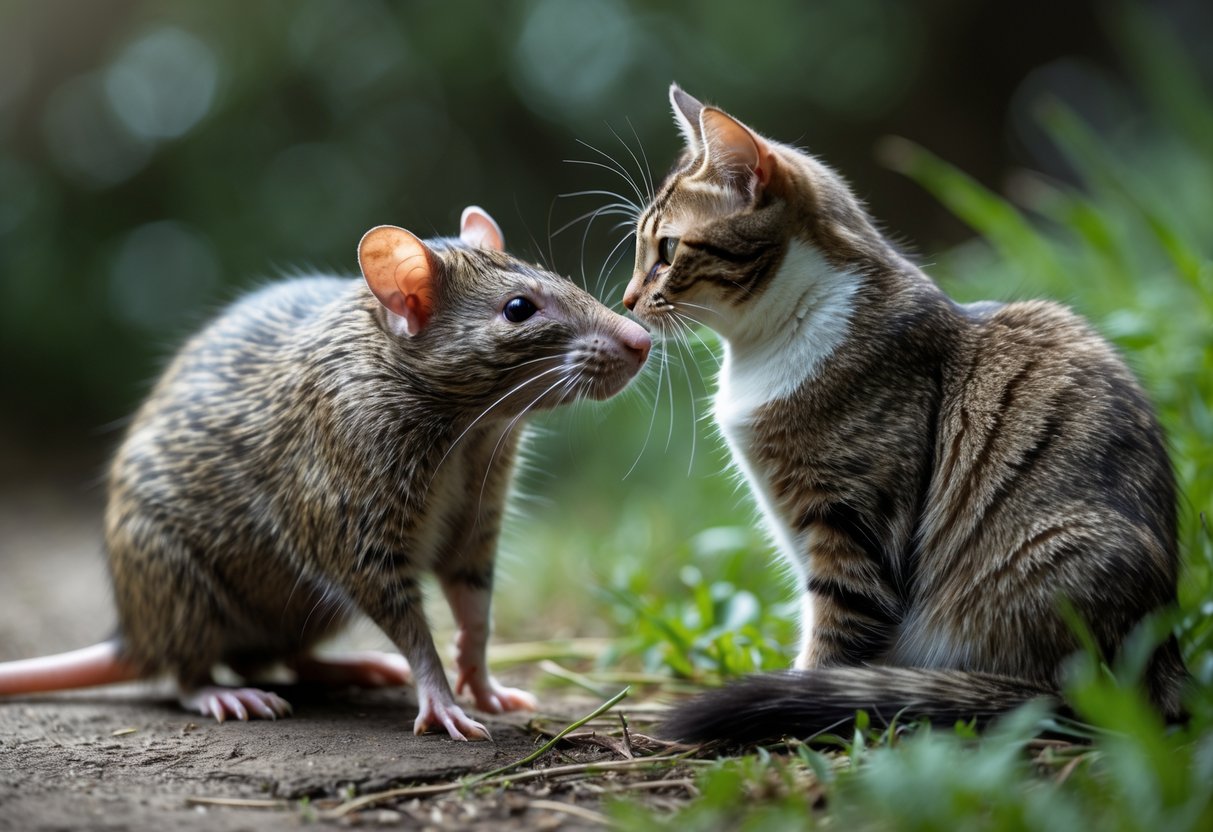 A rat and a cat cautiously observe each other outdoors on grass with greenery in the background.