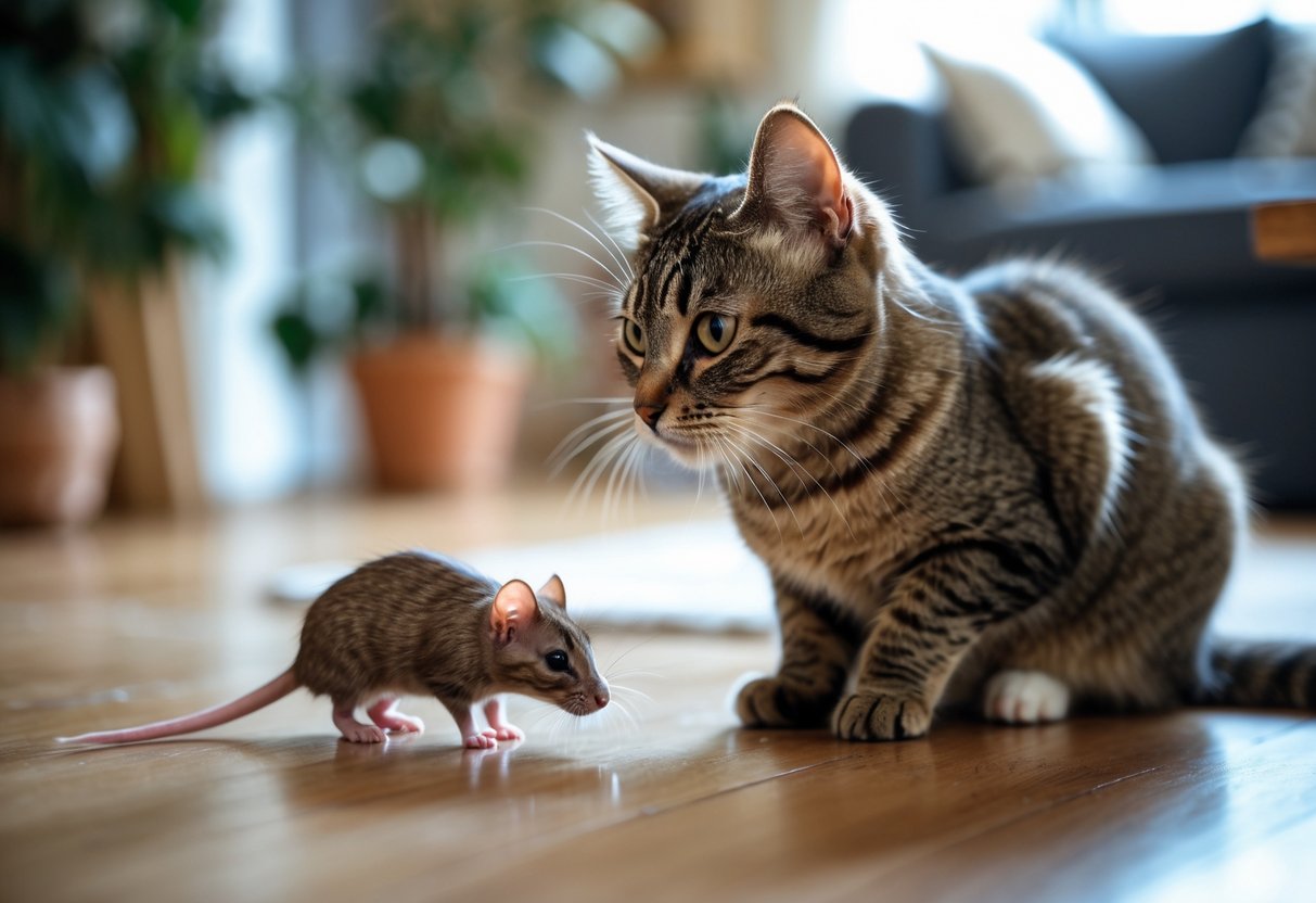 A domestic cat watches a small brown rat on a wooden floor inside a living room.