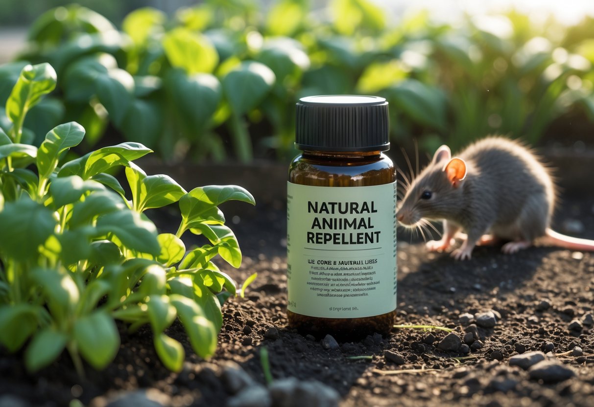 A garden scene with green plants and a small container of natural animal repellent, with a rat quietly retreating nearby.
