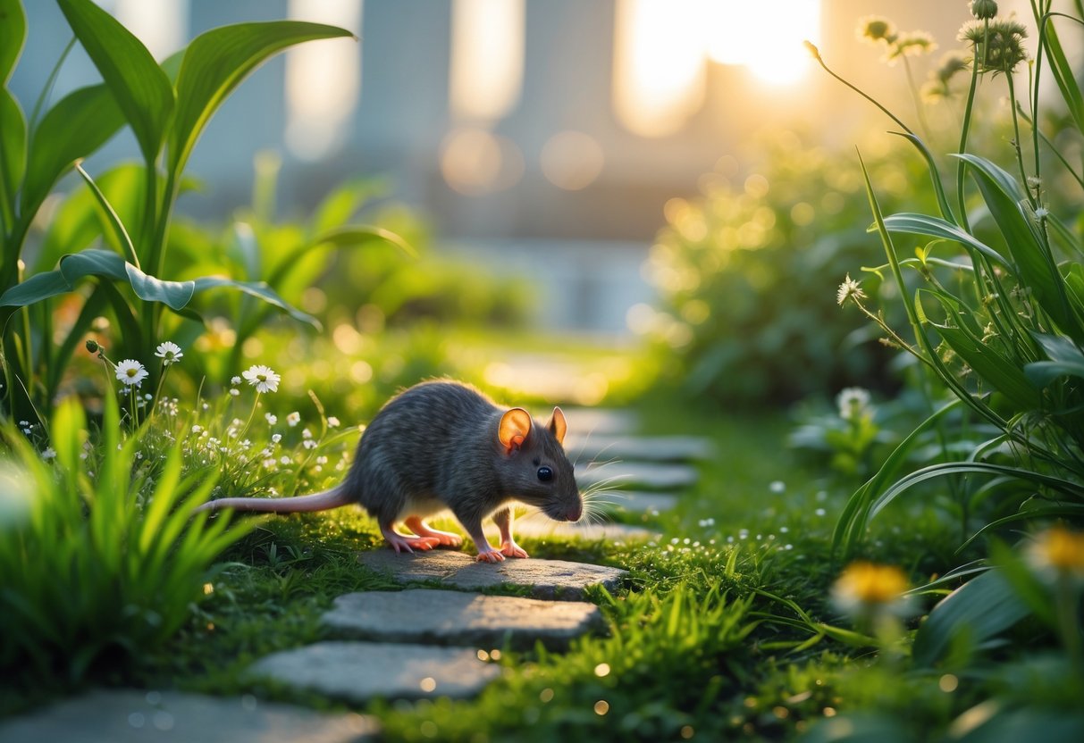 A small rat exploring a stone pathway in a peaceful urban garden with green plants and soft morning sunlight.