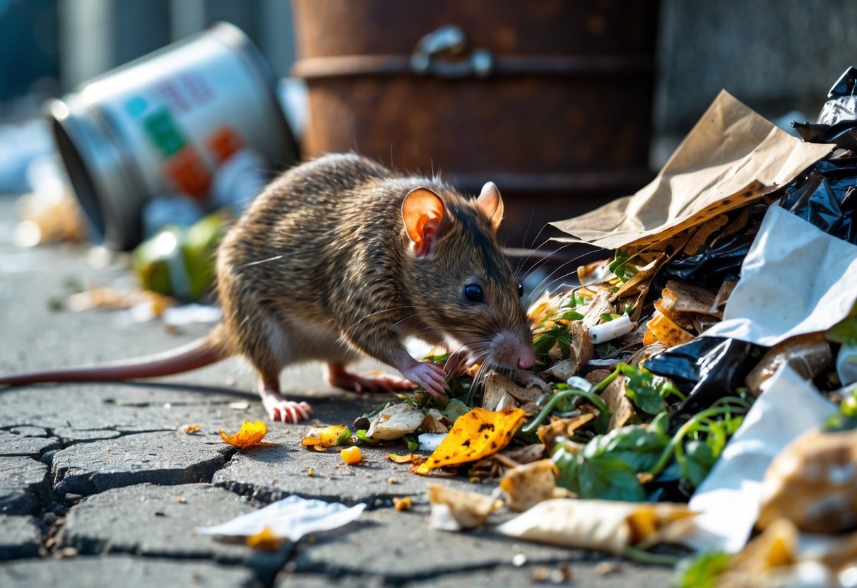 A brown rat scavenging near a pile of human waste and food scraps on a city sidewalk.
